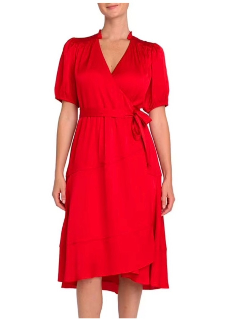 Draper James Bright Red Wrap Midi Dress with Tie Waist